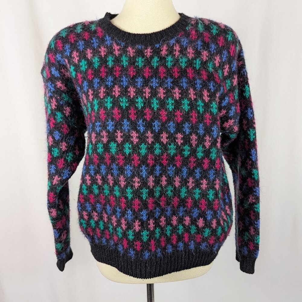 Best American Sweater Vintage Black Pink Fuzzy 80s 90s Wool Blend Womens Size M